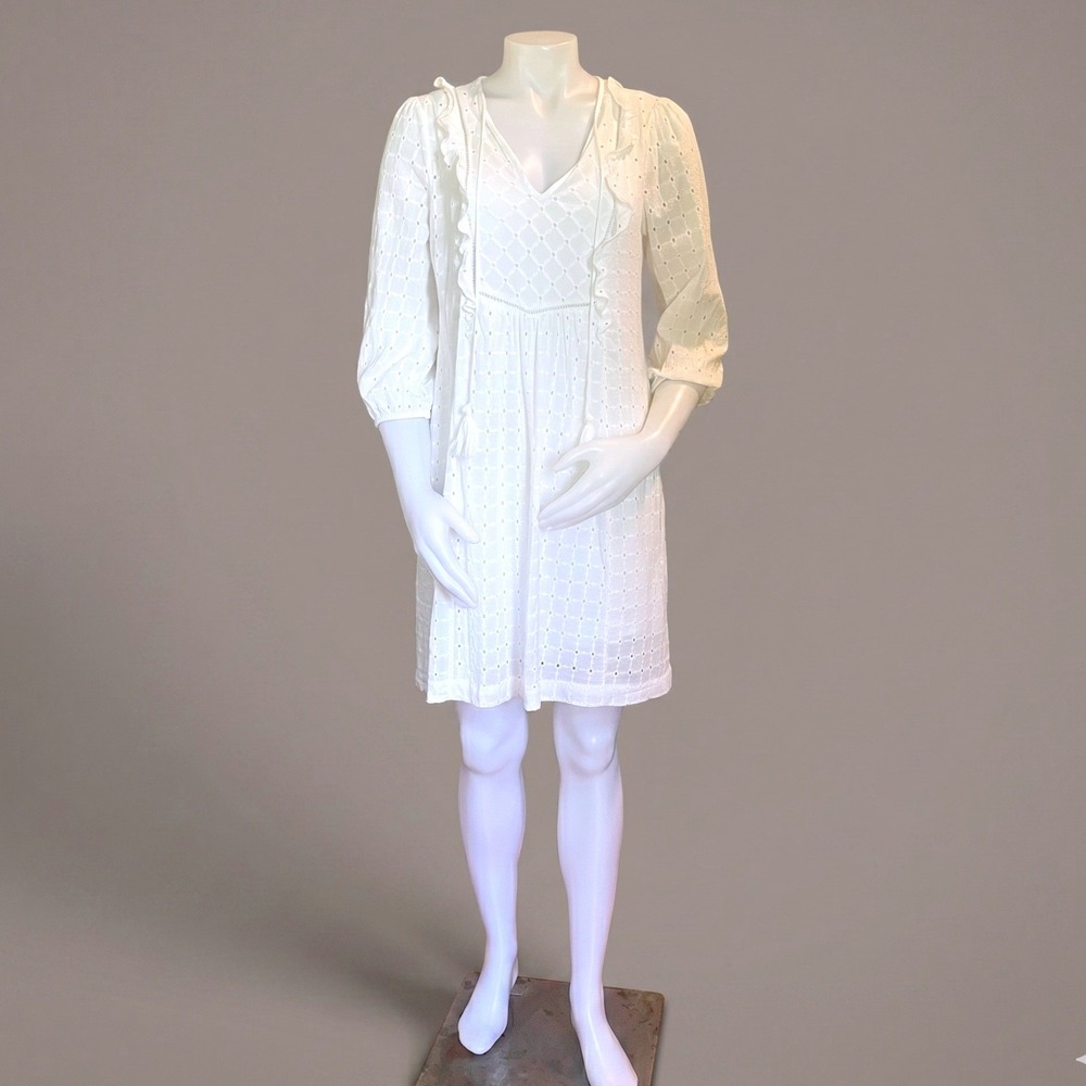 Anthropologie Eyelet Mini Dress Womens 4 White Boho Cottagecore Prarie Coastal
